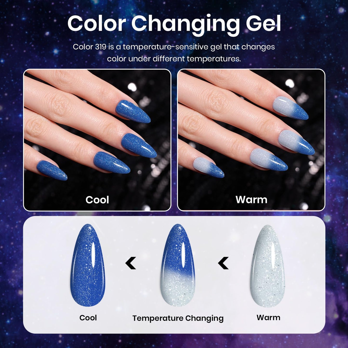 Beetles Cat Eye Gel Polish - Milky Way 6 Colors Gel Polish Set, Black Purple Blue Temperature Changing Glitter Nails, Halloween Galaxy Nails Kit with Magnet Stick Soak Off Uv Lamp Gel