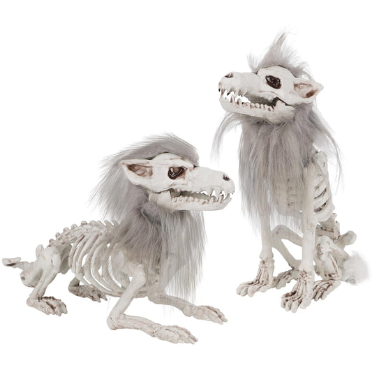 DR.DUDU 2 Pack Halloween Skeleton Wolf Decorations, Life Size Animals Skeletons Poseable Halloween Decor Plastic Bones with Hair Wolf Skull Figurines for Table Yard Lawn Party Props Décor