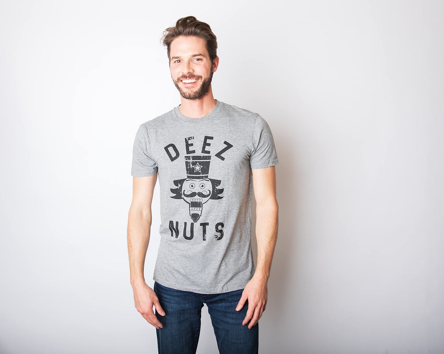 Crazy Dog Mens Holiday Novelty T Shirt Deez Nuts Funny Nutcracker Christmas Pun Shirt Meme Cringe Bro Ugly Sweater Party Tee Dark Heather Grey L