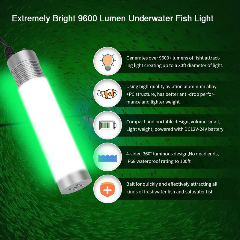 80W 9600lm Underwater Fishing Light, IP68 Waterproof Aluminum Super Bright Night Fish Attracting Submersible LED Lamp Lure Bait Finder for Freshwater Saltwater Sea Kayak Boat Ice Dock (Green)