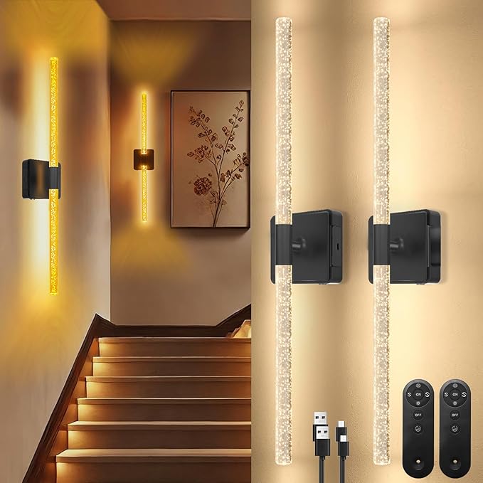 24in Acrylic Battery Operated Wall Sconces Set of 2, [8000mAh Removable Battery & Sunset Glow] Dimmable 2700K–6500K, Touch/Remote Control Wireless Wall Lamps–Black