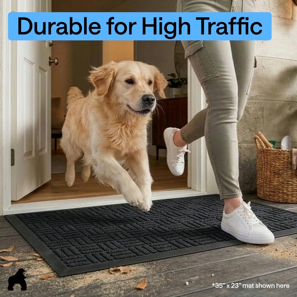 GORILLA GRIP 100% Waterproof All-Season WeatherMAX Doormat 35x23, US Designed Natural Rubber, Stain and Fade Resistant, Low Profile Indoor Outdoor Door Mats, Easy Clean Patio Mat, Black Maze