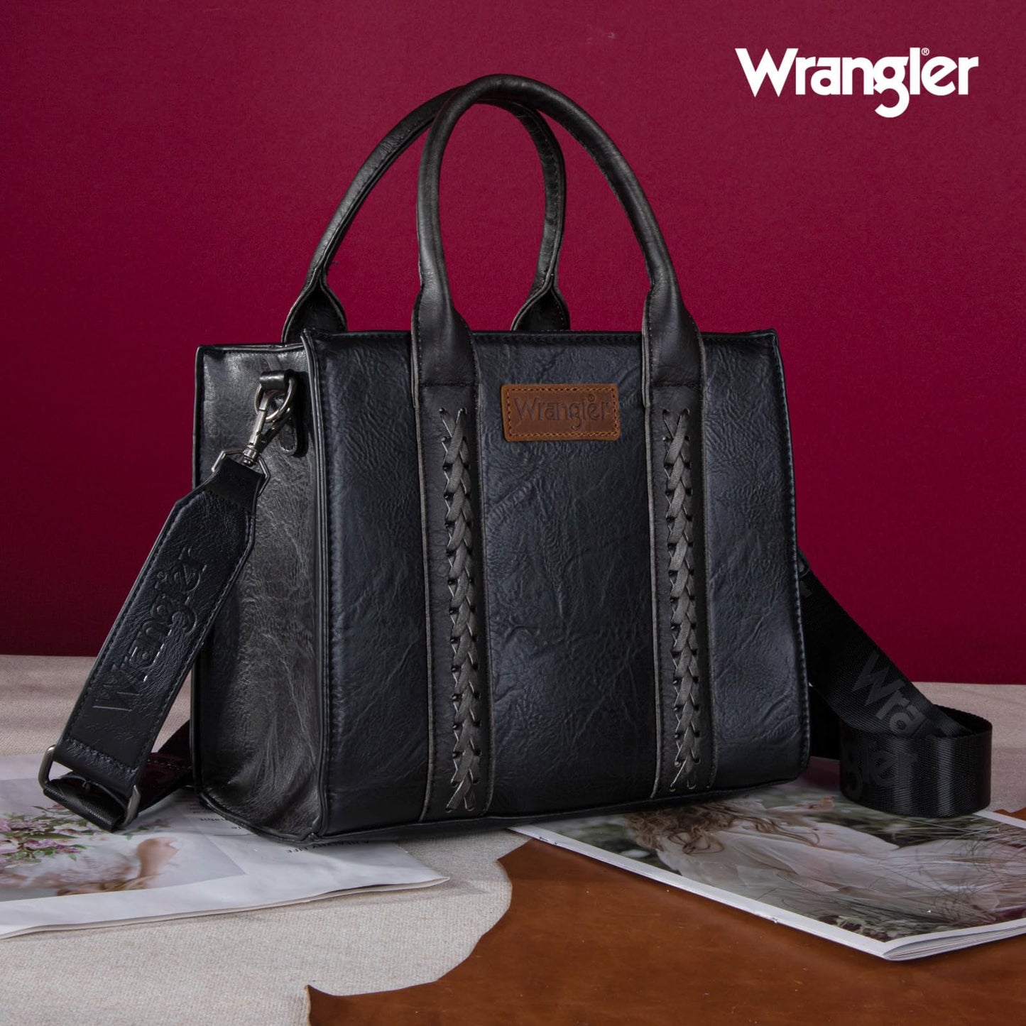 Wrangler Medium Tote Bag for Women Designer Satchel Handbags Top-handle Purses with Strap, Vintage-black, M