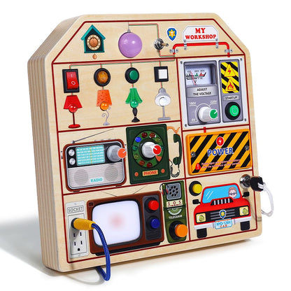 JAUNTY Montessori Wooden Busy Board for Toddlers 3 4 5 Years Old, Wooden Sensory Toddler Toys with LED Light Switches, TV Radio Telegram and Car Driving, Travel Toys Birthday for Boys Girls