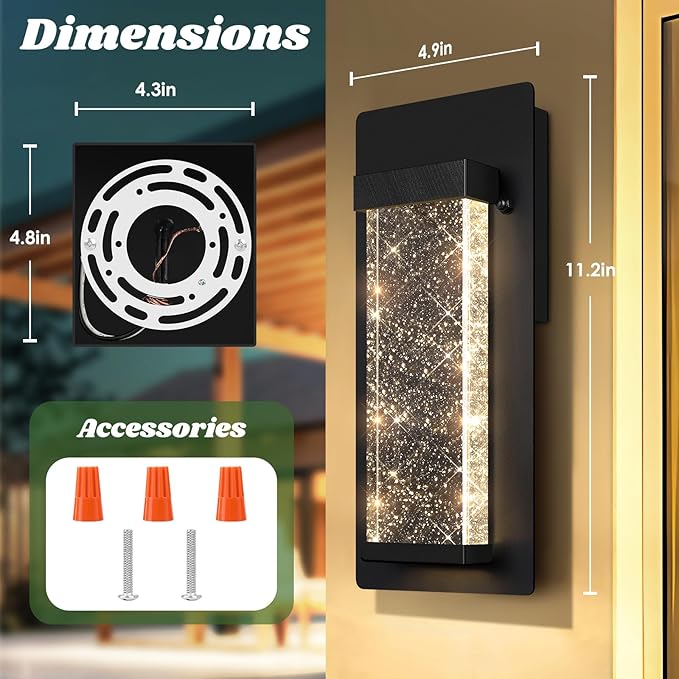 BesLowe Outdoor Wall Light Fixtures with Crystal Bubble Glass, Waterproof Exterior Sconces LED Wall Lanterns, Porch Lights Wall Mounted 10W 3000K Outside Lights for House Front Door Garage Entryway