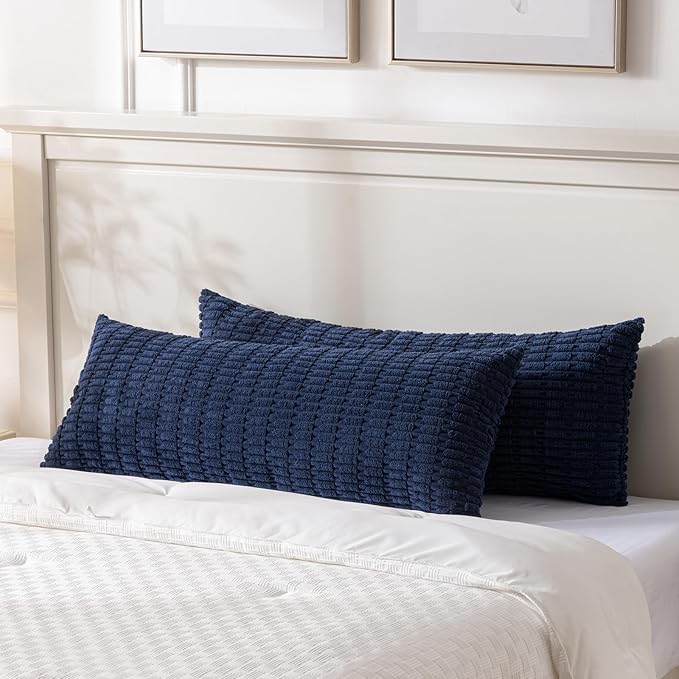 Fancy Homi Navy Blue Long Body Lumbar Decorative Throw Pillow Covers 14x36 Inch for Bed Couch Bedroom Bench, Soft Corduroy Rectangle Solid Pillow Case, Rustic Farmhouse Boho Room Decor