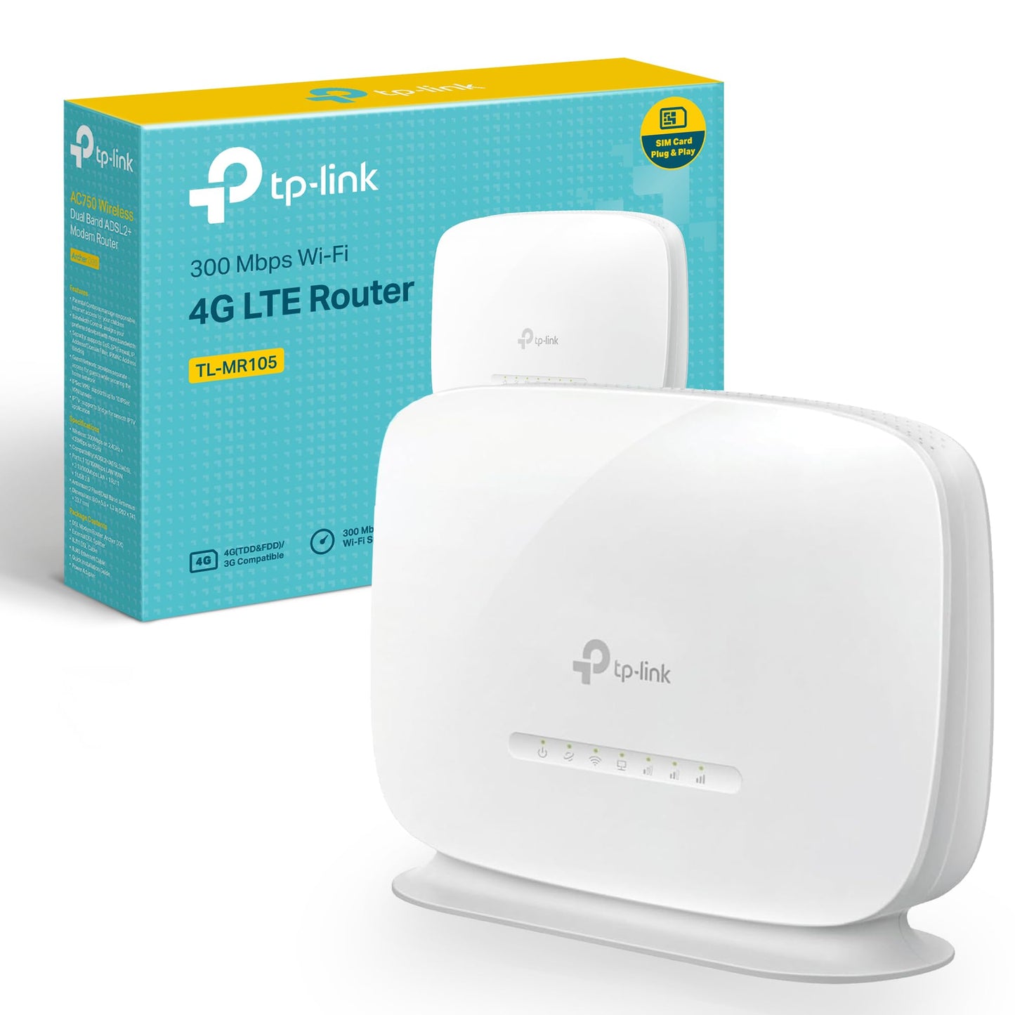 TP-Link TL-MR105 N300Mbps WiFi 4G Router, 4G Cat4 LTE Network, Ethernet Port, 4G Router with Sim Slot, Mobil WiFi Router, Sim Card Router, TP-Link WiFi Router, External Antenna Ports, Plug & Play