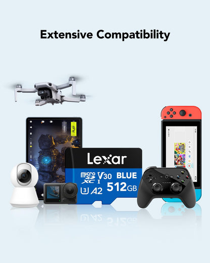 Lexar Blue Micro SD Card 512GB, up to 160MB/s Read, microSDXC UHS-I Card, Class 10, U3, V30, A2, Full-HD & 4K Video, High-Speed Memory Card for Smartphones/Tablets/Action Cameras