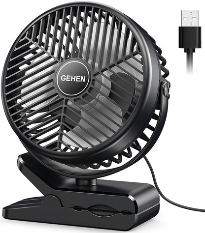 GEHEN Clip-On Fan with Sturdy Clamp, USB-Powered Fan 3-Speed, Ultra-Quiet Operation Ideal for Bedroom, Office, & Stroller