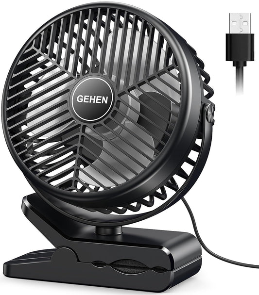 GEHEN Clip-On Fan with Sturdy Clamp, USB-Powered Fan 3-Speed, Ultra-Quiet Operation Ideal for Bedroom, Office, & Stroller