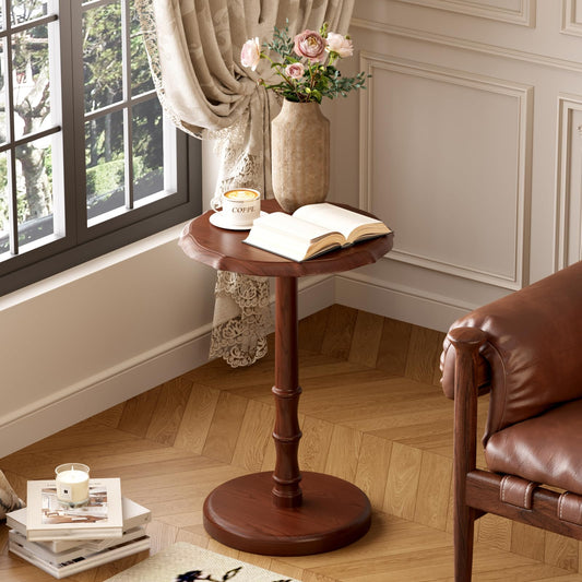 NKGIAG 100% Solid Wood Round Pedestal Side Table, Vintage End Table for Living Room Bedroom, Heavy-Duty Antique Accent Table for Corner Spaces, Small Bedside Nightstand, 5-Min Assembly, Walnut