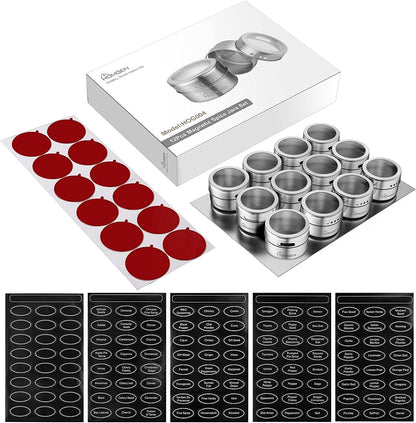 HOMGEN 12Pack Magnetic Spice Jars Set Stainless Steel Magnetic Spice Containers 100ml/3.4oz Magnetic Spice Jars for Fridge BBQ Magnet Spice Tins Set Magnetic Spice Pots with Lids for Kitchen