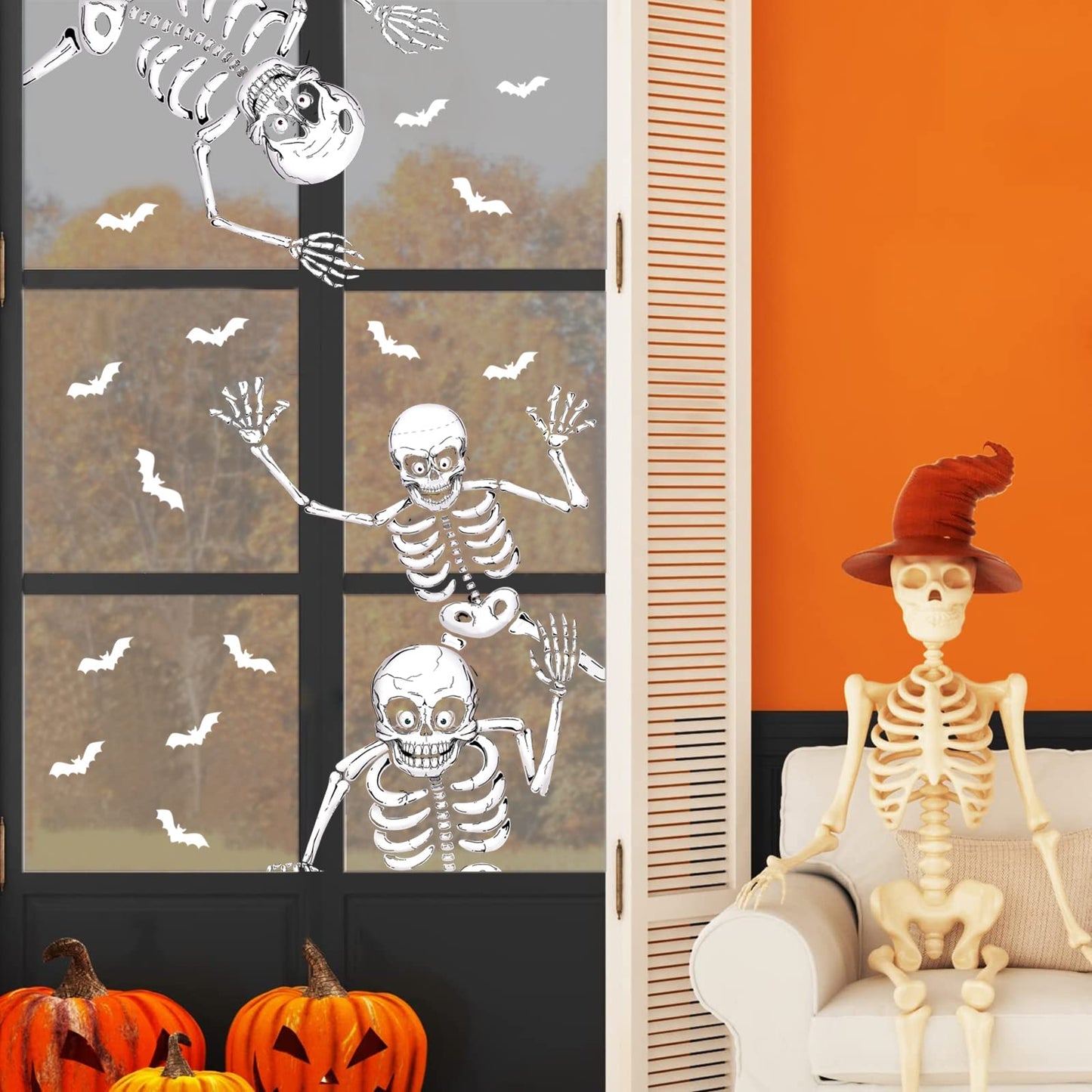 74pcs Giant Halloween Window Clings Decorations, 8 Sheets 6 Skeleton Window Stickers, Scary White Skull Window Silhouettes Decal for Indoor Bathroom Glass Door Decor Home Haunted House Party Supplies