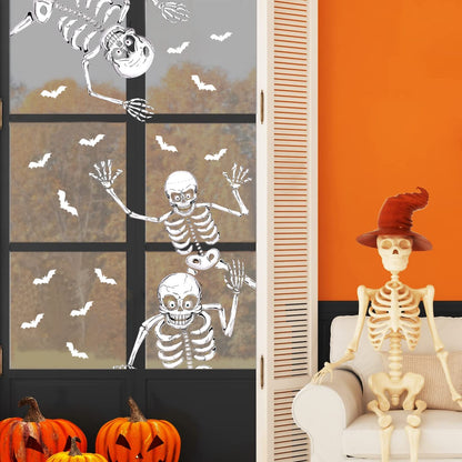 74pcs Giant Halloween Window Clings Decorations, 8 Sheets 6 Skeleton Window Stickers, Scary White Skull Window Silhouettes Decal for Indoor Bathroom Glass Door Decor Home Haunted House Party Supplies