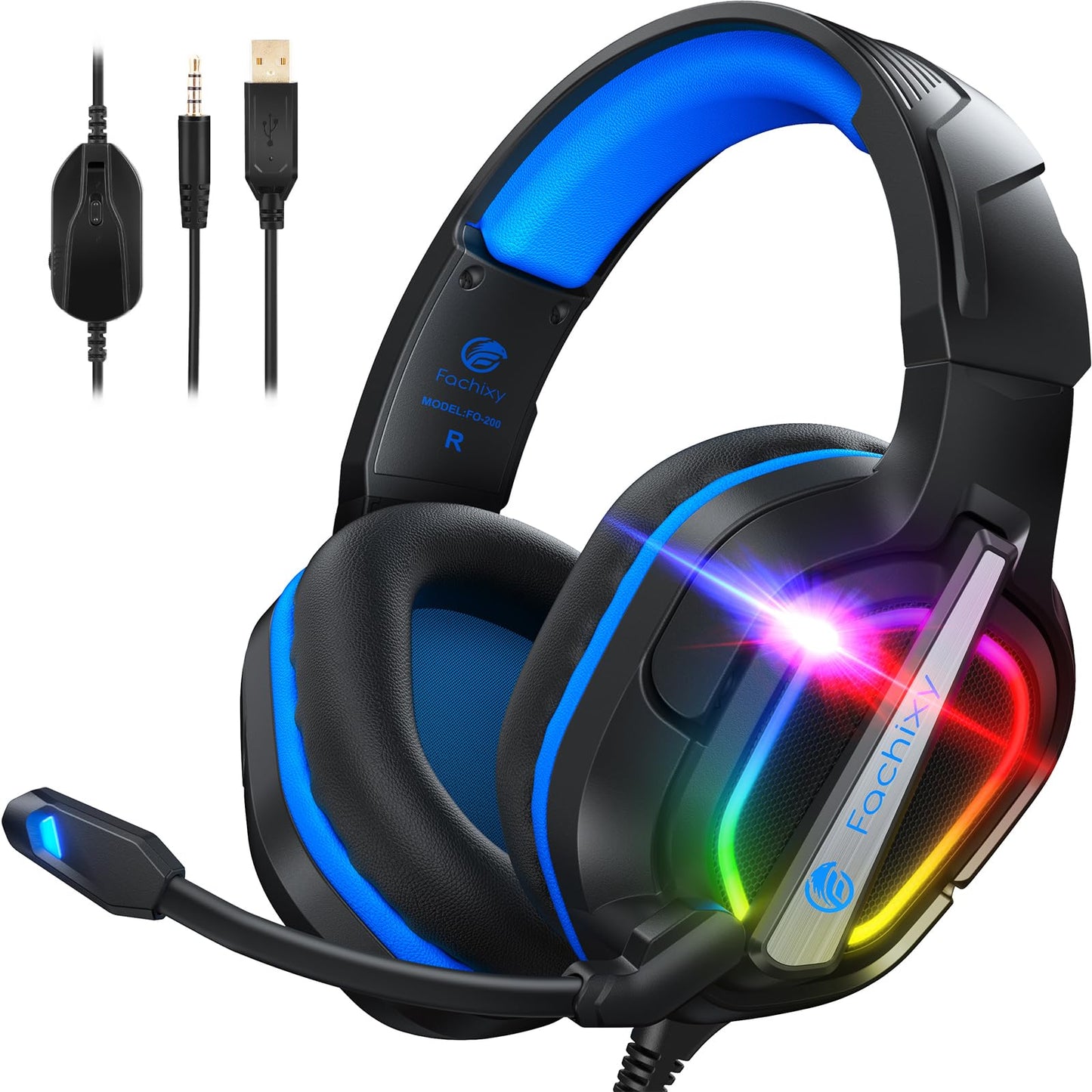 Fachixy FC200 PC Gaming Headset for PS4, PS5, Switch, Xbox One, Mac, Noise Canceling Headphones with Microphone, Computer Headset with 3.5mm Jack & RGB Light