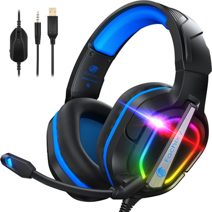 Fachixy FC200 PC Gaming Headset for PS4, PS5, Switch, Xbox One, Mac, Noise Canceling Headphones with Microphone, Computer Headset with 3.5mm Jack & RGB Light