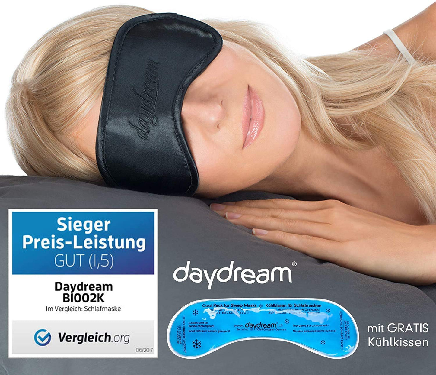 daydream Sleeping Mask for Men and Women with Free Cooling Pad (= Cooling Mask) – Test Winner – Sleeping Goggles – Eye Mask Black (B-1002K)