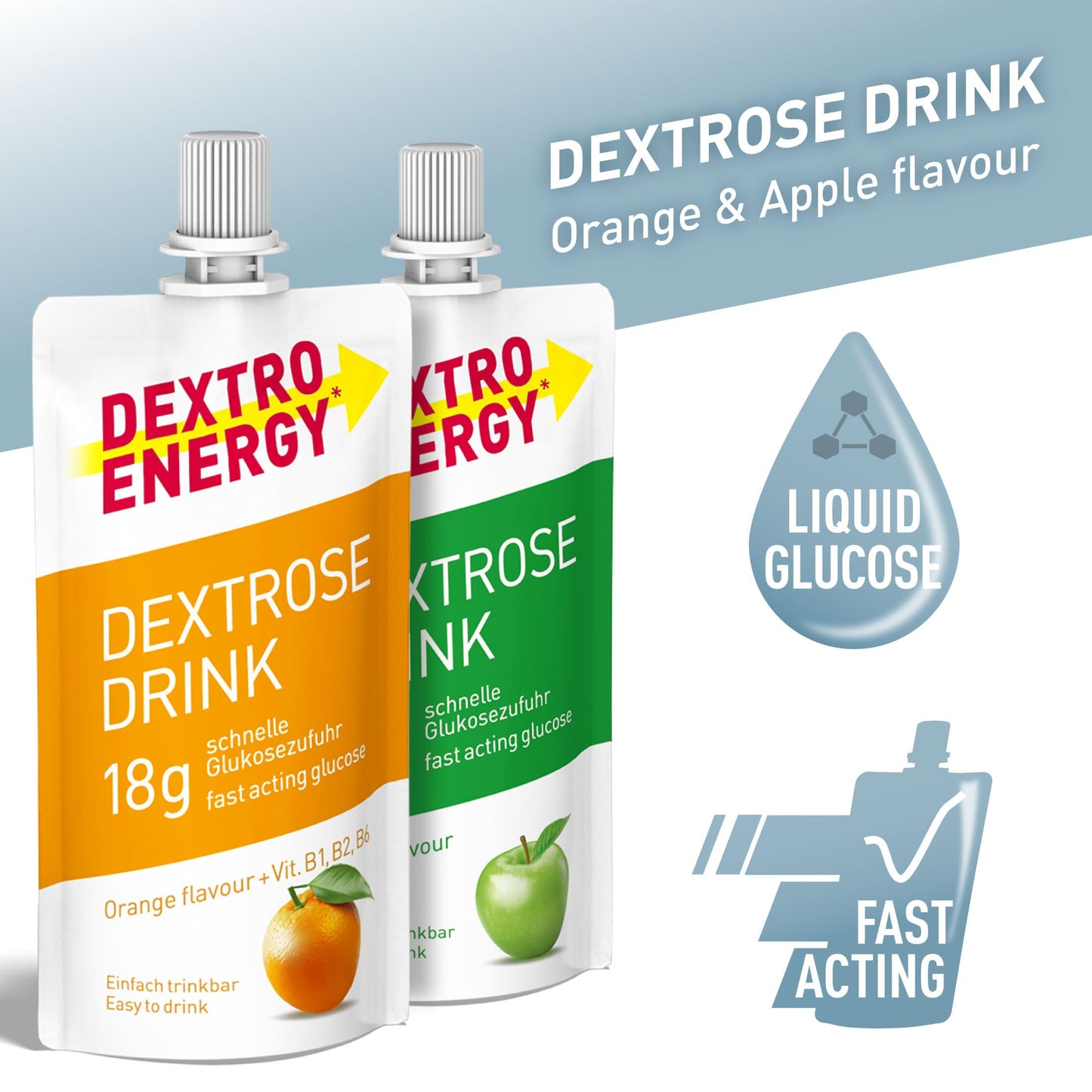 Dextro Energy Apple and Orange Flavour Dextrose Drink | 18g of Fast Acting Glucose | Liquid alternative to Dextro Glucose Tablets | Ready to Drink, Easy to Consume, Re-Sealable | 50ml Pack of 12
