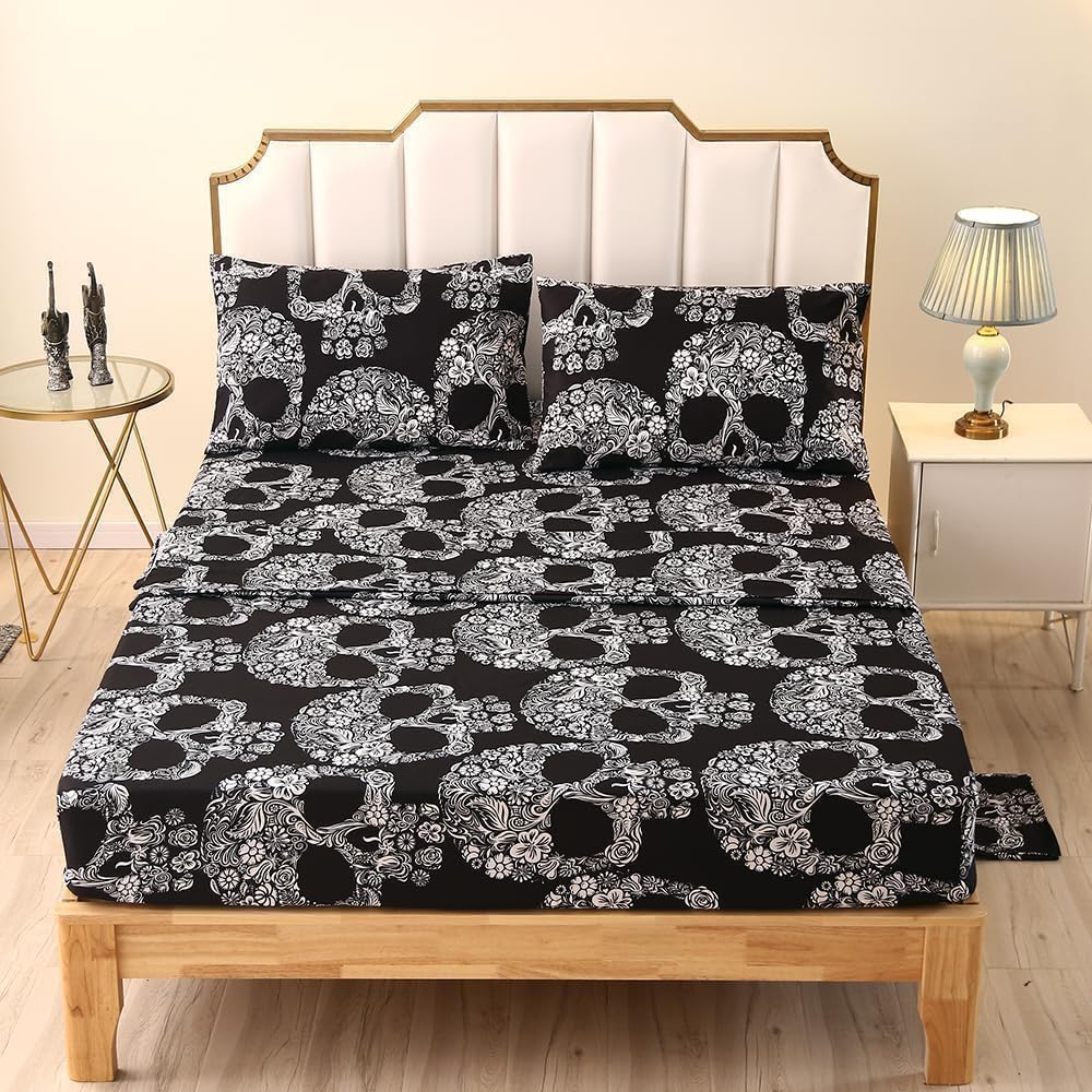 SDIII 4PCS Sugar Skull Queen Sheet Set, Soft Microfiber Gothic Queen Sheets Set Skeleton Printed, Goth Halloween Sheets Queen Deep Pocket Hotel Luxury