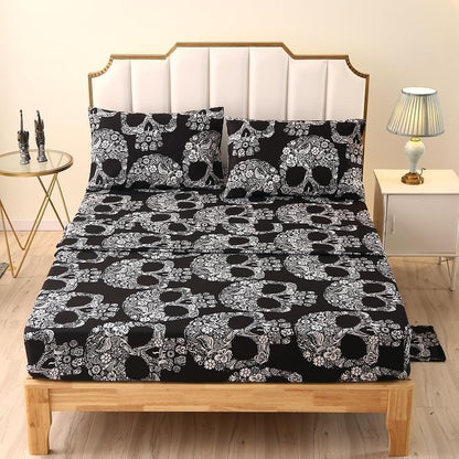 SDIII 4PCS Sugar Skull Queen Sheet Set, Soft Microfiber Gothic Queen Sheets Set Skeleton Printed, Goth Halloween Sheets Queen Deep Pocket Hotel Luxury