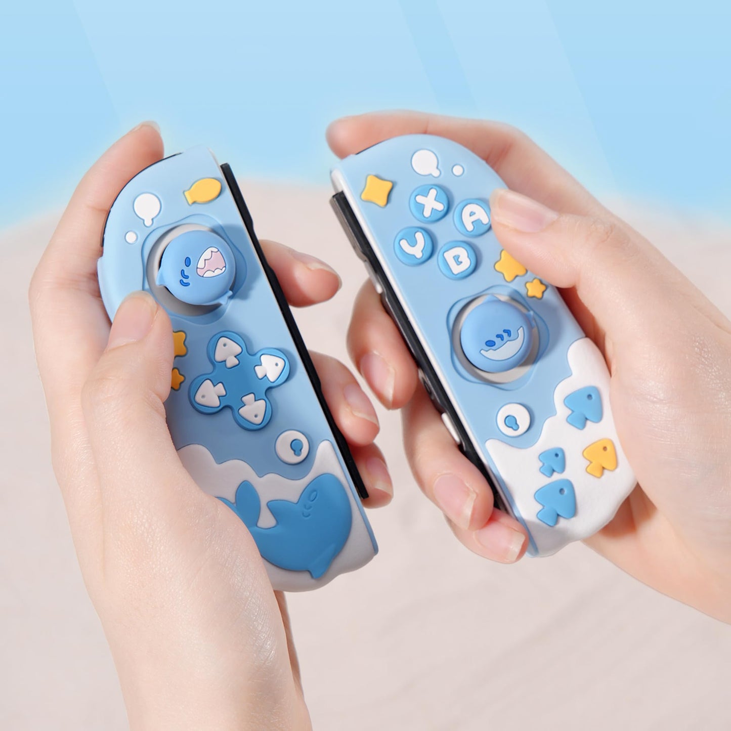 GeekShare Protective Case for Switch Joy Con Controllers,Soft Silicone Protective Cover with 2 Thumb Grips Compatible with Switch/OLED Joy Cons - Shark Party