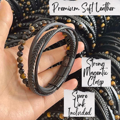 LIVLOKO LONDON Mens Bracelet Leather Black Multi-Layer Tiger Eye Stone Beads Magnetic Adjutable Steel Clasp Viking Rope Bands Surfer Man Wristband Male UK Jewellery Gift box Husband Boyfriend Dad Son