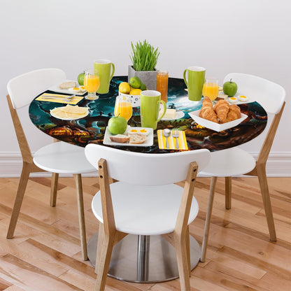 Halloween Turquoise Round Tablecloth with Elastic Halloween Decor Round Fitted Table Cover Wipeable Circle Outdoor Table Cloths for Kitchen Pattry Patio Dining Holiday Decorate Fit for 45"-50" Tables