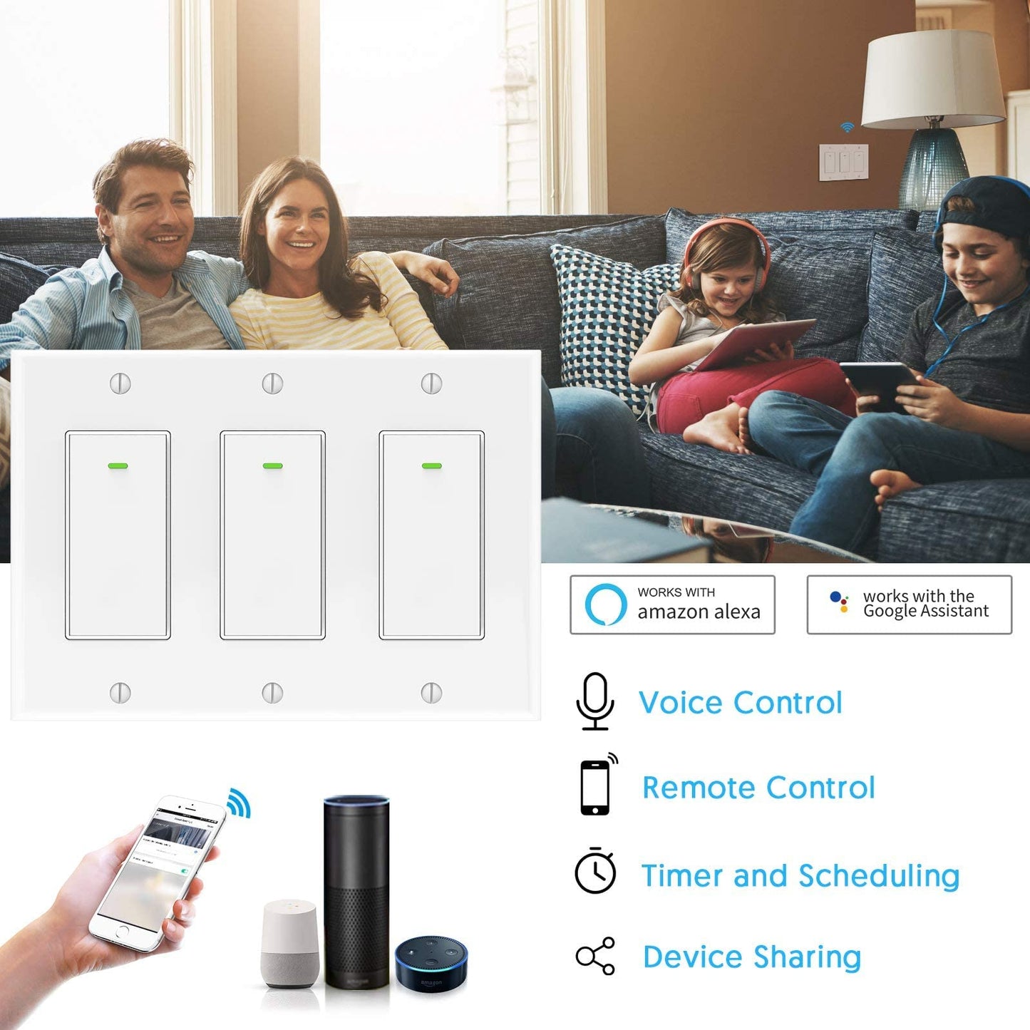 Milfra Smart Dimmer Switch 3Gang Digital Display Single-Pole 3Way Dimmer Smart Switch， 2024 New Model，Works with Siri, Alexa and Google Home，Voice and Remote Control，Neutral Wire Required