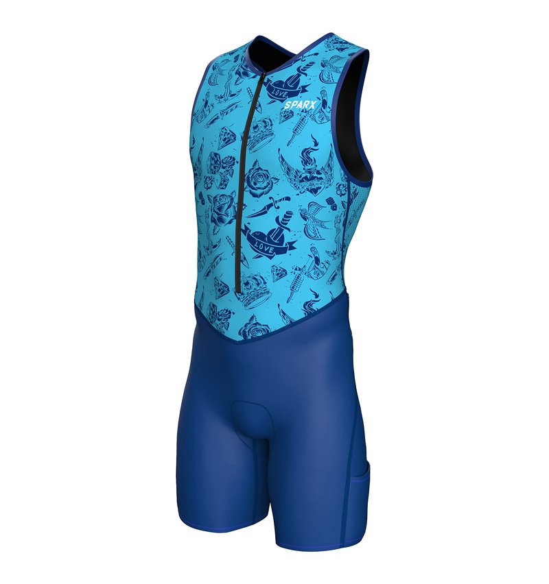 Sparx Men's Premium Triathlon Suit – Padded, Quick-Dry, Compression Fit, Lightweight Tri Suit for Swim, Bike, Run Race & Training (3XL, Blue Tattoos)