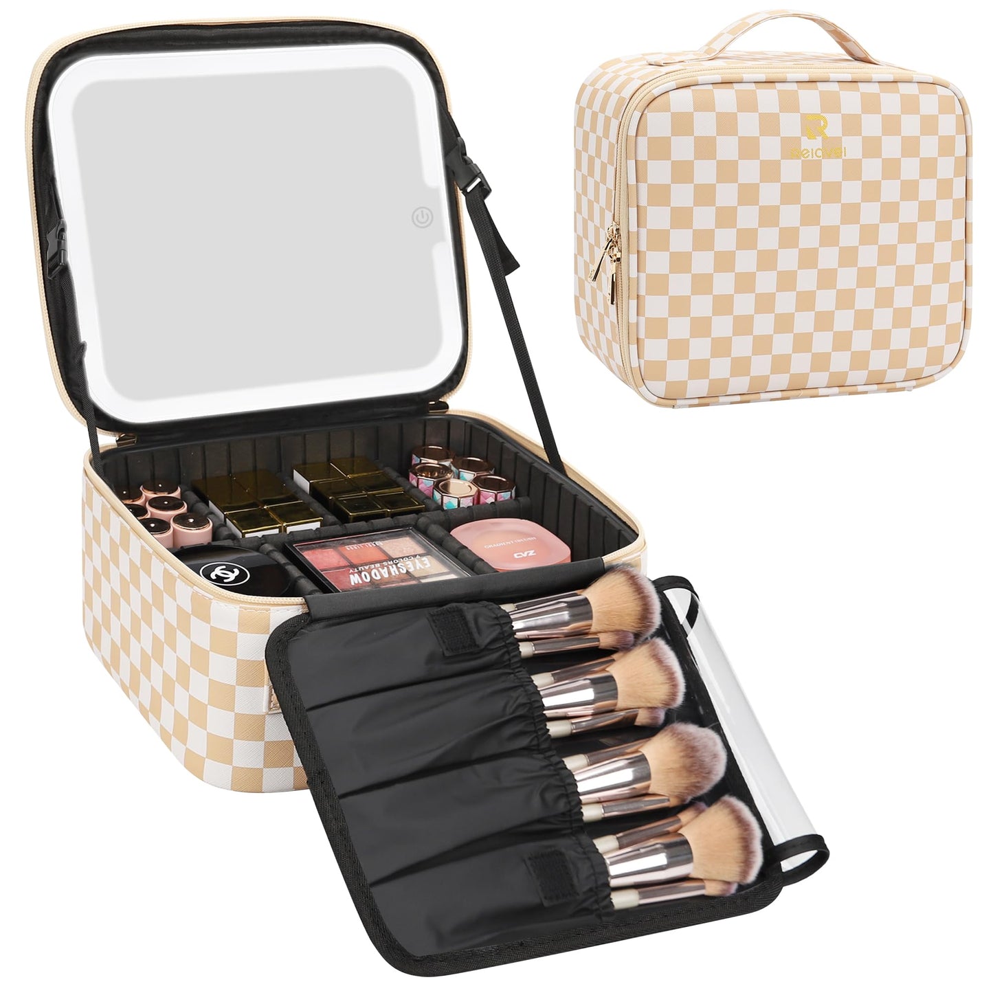 Relavel Travel Makeup Bag With LED Mirror, Cosmetic Train Case with Light up Mirror, Portable Makeup Artist Organizer Bag with Adjustable Dividers, Makeup Brush Holder Storage, Black