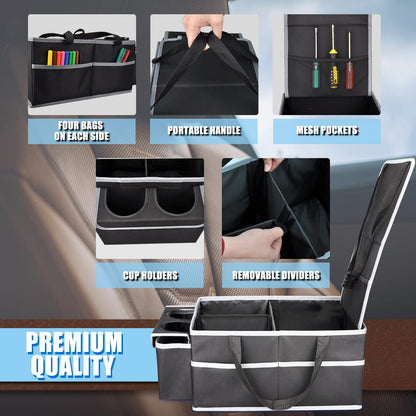 GUWINA Car Backseat Organiser, Multi Compartment Foldable Seat Organiser for Car Boot Front and Back Seats, with Lids and Straps Best for Clothes, Toys, Office Products (Black)