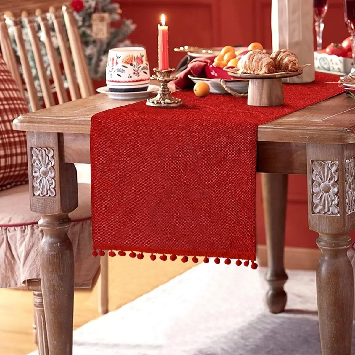 SevenFish Rustic Burlap Table Runner, 14x72 inch Red with Pom Pom for Christmas, Valentine's Day, Wedding & Home Decor