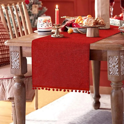 SevenFish Rustic Burlap Table Runner, 14x72 inch Red with Pom Pom for Christmas, Valentine's Day, Wedding & Home Decor