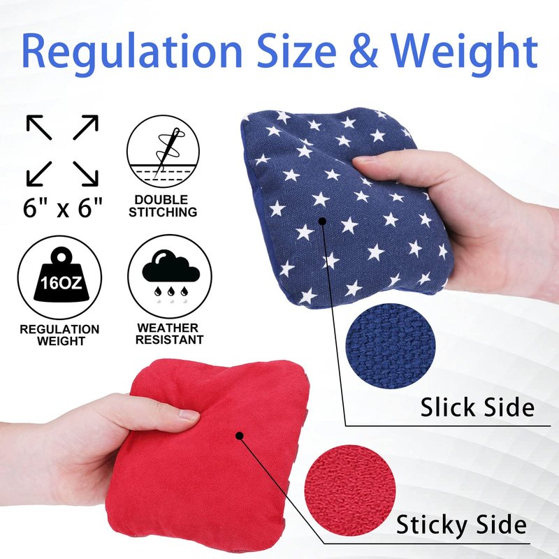 EunHo Regulation Cornhole Bags Set of 8 - Dual Sided Slick and Stick Cornhole Bean Bags for Tossing Game Professional All Weather Pro Corn Hole Bags with Tote Bag (American Flag)