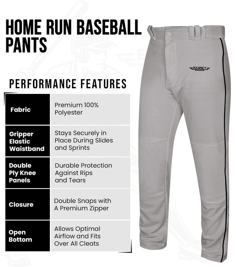 Exxact Sports Home Run Boys Baseball Pants with Piping - Full-Length, Semi-Relaxed Fit, Open-Bottom Youth Baseball Pants - (YM, Grey/Black Piping)