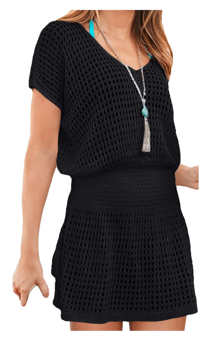 Wander Agio Beach Tops Sexy Knit Cover Dresses Bikini Cover-ups Nets Short Skirt Black