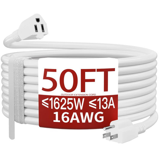Skrizcable 16/3 50 FT Outdoor Extension Cord Waterproof, Weatherproof & Flame Retardant White 3 Prong Power Cord Outside for Lawn & Garden, 13 Amps 1625 Watts 125 VAC 16AWG SJTW, ETL Listed