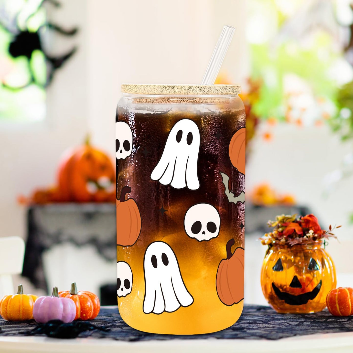 UAREHIBY Halloween Ghost Pumpkin Skull Fall Cup, 18oz Pumpkins Fall Mug, Iced Coffee Glass Tumbler with Lids and Straws, Spooky Glass Cup, Goth Spooky Gifts, Halloween Gifts for Women Kids Teens Adult