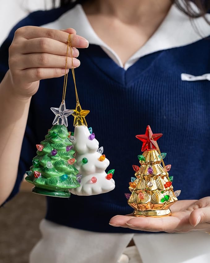 B SEPOR Set of 3 Mini 4.5" Inch Nostalgic LED Ceramic Christmas Tree with Lights Xmas Tree That Light Up Hanging Ornaments White Golden Green Assorted for Holiday Decoration and Gifts