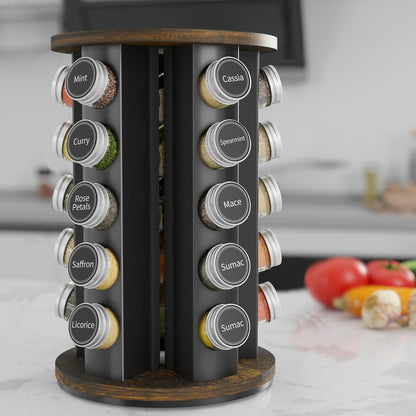 Revolving Spice Rack Set with 20 Spice Jars, Kitchen Spice Tower Organizer for Countertop or Cabinet -- Carousel Storage Includes 386 Spice Labels -- Desktop Rotating Seasoning Organizer