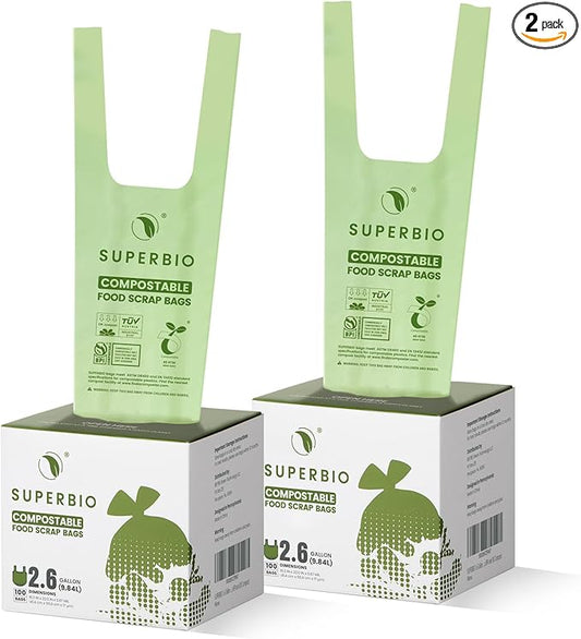 SUPERBIO 2.6 Gallon Compostable Bags, 2 Pack, Handle Tie Food Waste Bags