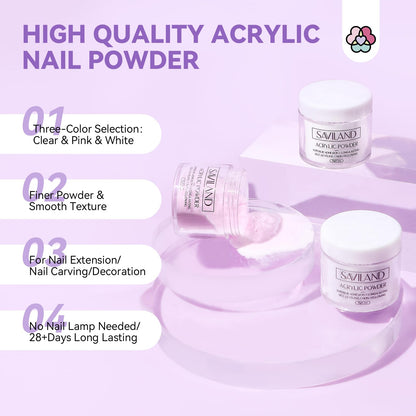 SAVILAND Essentials Acrylic Nail Kit Starter: Acrylic Nail Kit for Beginners with Everything White Pink Clear Acrylic Powder and Liquid Set #8/10/14 Nail Brush Forms Manicure Tools Home Nail Salon DIY