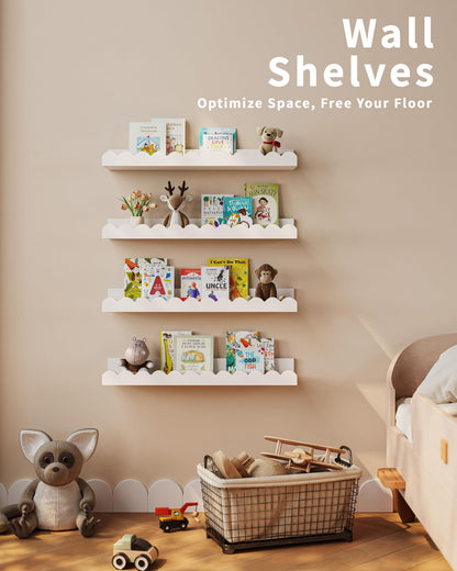 4-Pack White Floating Shelves for Wall, Nursery Book Shelf, Scalloped Design, Kids Bedroom, Toddler Room, Baby Room Decor