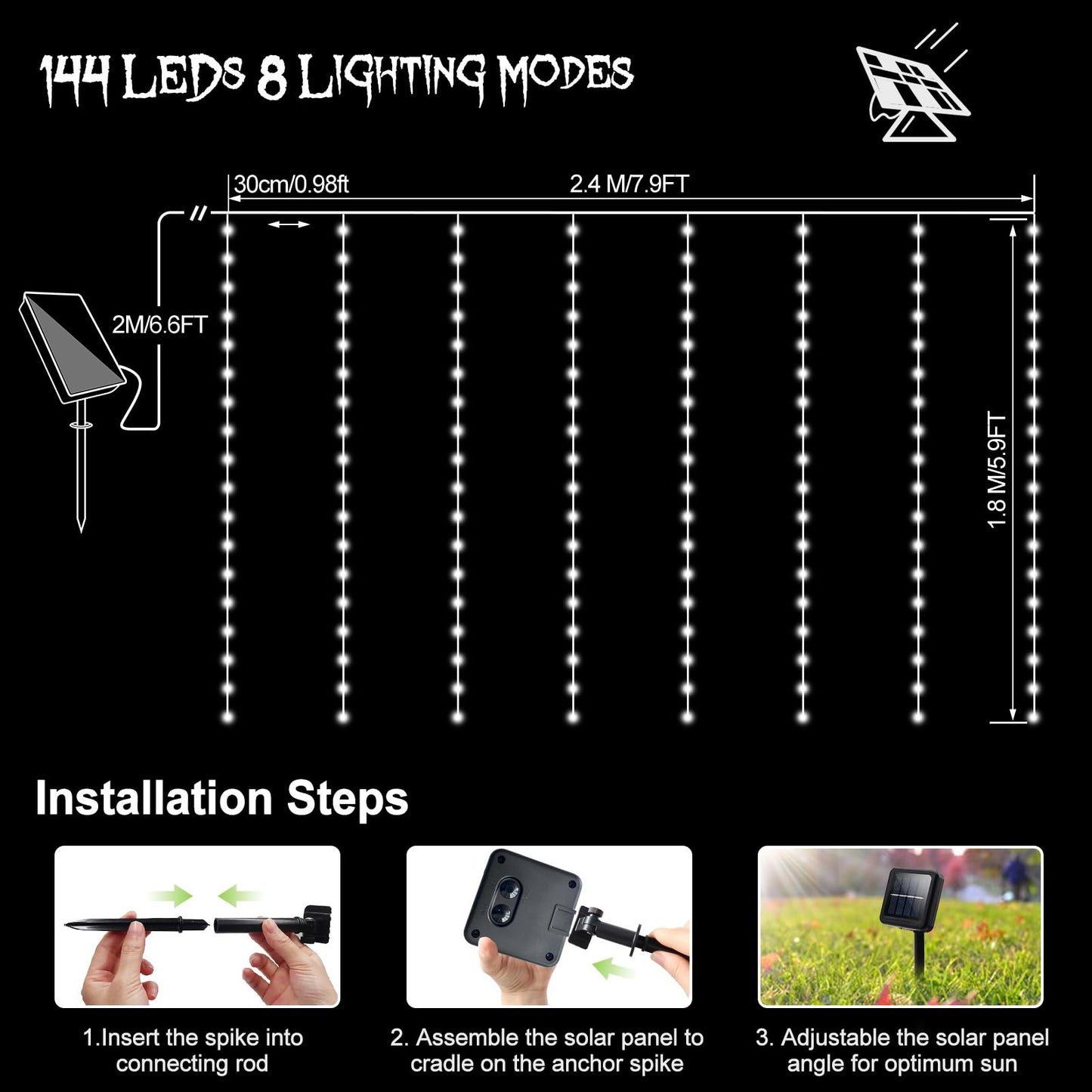 echosari Solar Halloween Curtain Lights Outdoor, 7.9ft x 6ft 144 LED Orange Purple Curtain Lights with 8 Modes Timer Waterproof for Indoor Outdoor Patio Fence Halloween Tree Party Decor