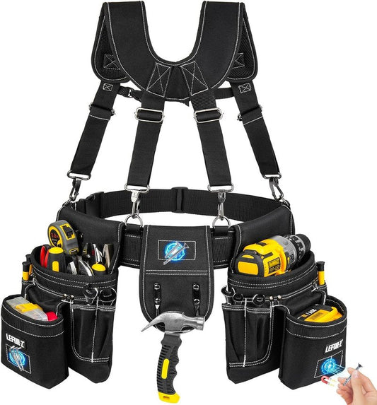 Tool Belt with Suspenders,27-Pockets Heavy Duty Tool Belts for Men with Magnetic Tool Pouch,Detachable & Adjustable Work Belt Bag for Electrician,Carpenter,Construction,Utility Toolbelt,Black