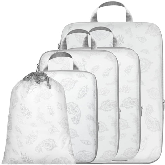 Cambond Compression Packing Cubes for Travel, 5 Pack Luggage Expandable Packing Organizers Compression Cubes for Suitcases with Laundry Bag, White Teardrop-shaped Texture