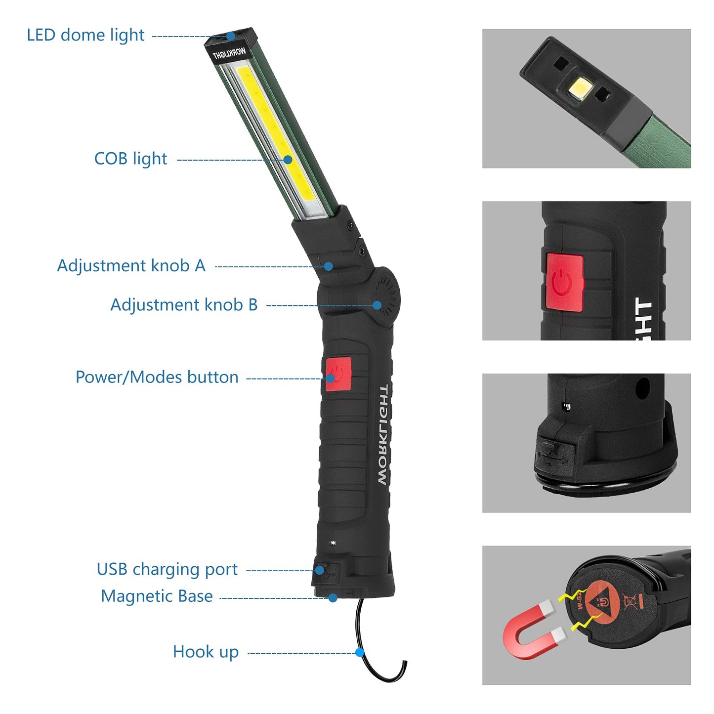 LED USB Rechargeable Torch,Vagocom Super Bright Flashlight COB Work Light Portable Inspection Lamps with Magnetic Base and Hook for Mechanic Tools,Camping,Emergency,Christmas Birthday men Gift(2 Pack)