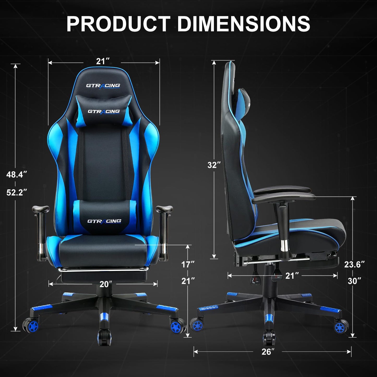 GTRACING Gaming Chair with Footrest, Ergonomic Computer Game Desk Chair, Recline Gaming Chair Seat Height Adjustment, Swivel Rocker with Headrest and Lumbar (Blue)