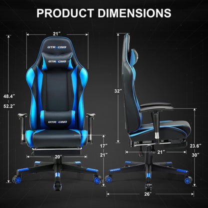 GTRACING Gaming Chair with Footrest, Ergonomic Computer Game Desk Chair, Recline Gaming Chair Seat Height Adjustment, Swivel Rocker with Headrest and Lumbar (Blue)
