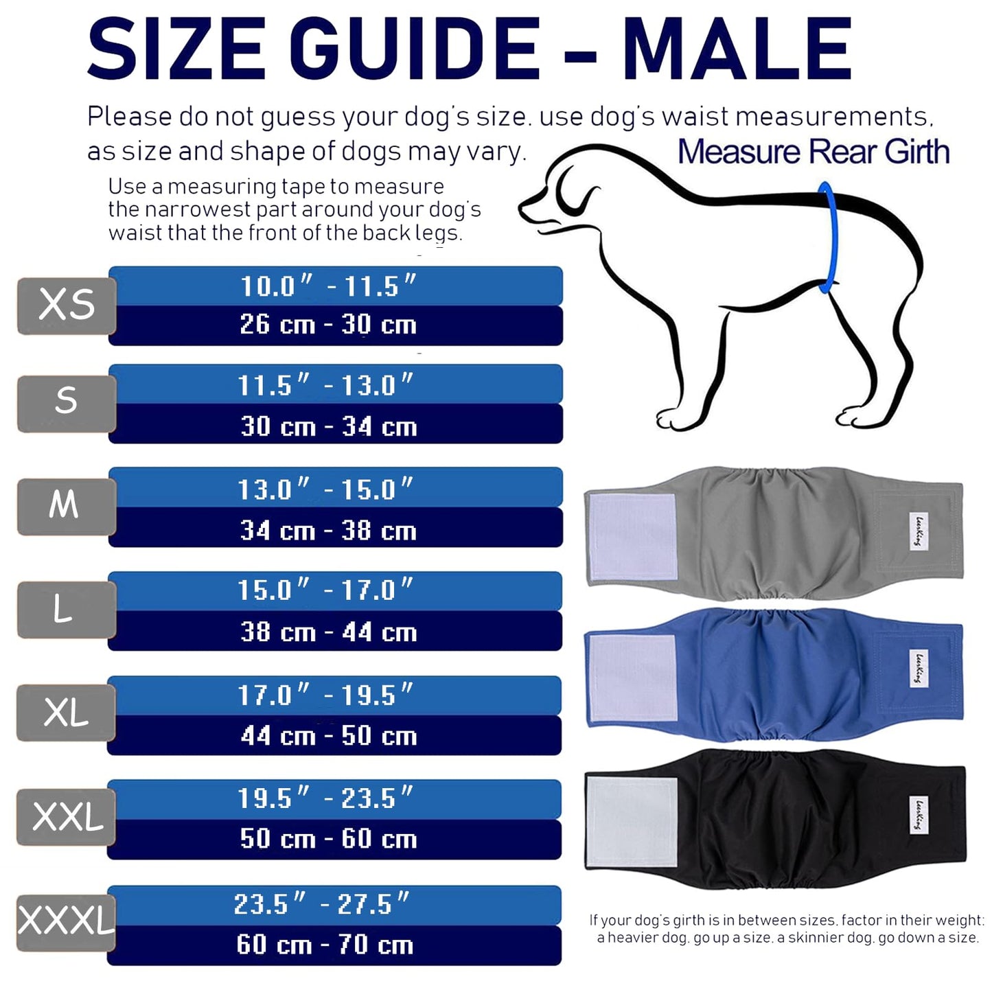 LeerKing Leakproof Dog Diapers 3 Pack Reusable Male Dog Belly Bands Nappies for Incontinence,L